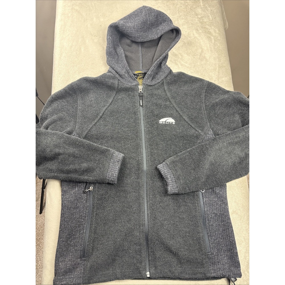 GoLite Women L Hooded Full Zip Sweater Jacket Wool Blend‎ Charcoal Grey/Black